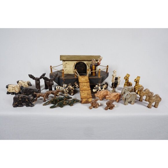 Handmade Solid Wood Noah’s Ark 28 Piece Set Vintage RARE - Picture 1 of 15
